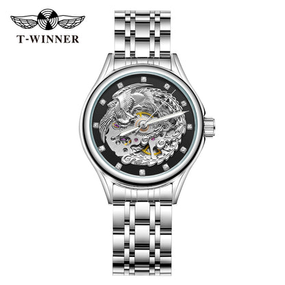 2024 Diamond Steel Skeleton Dial Golden Phoenix Women Fashion Automatic Watch Luxury Waterproof Mechanical Girl Wrist Lady Clock