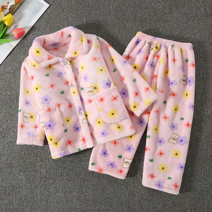 High Quality Coral Fleece Flannel Cute Cartoon Pattern Pajama Sets Boys and Girls Long Sleeve Warm Comfortable Winter Sleepwear