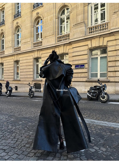 Lautaro Spring Autumn Extra Long Black Pu Leather Trench Coat for Women with Back High Slit Luxury Chic European Fashion 2024