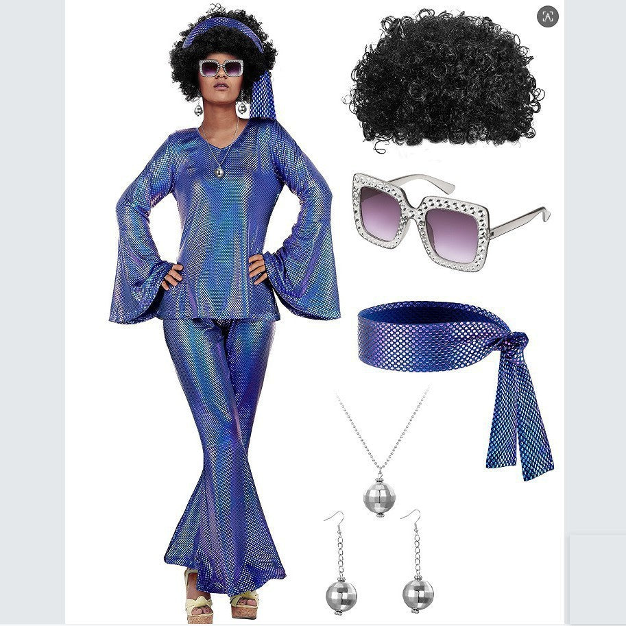 Ladies' Halloween disco party 70s disco costume set, including top, pants, sunglasses, necklace, earrings, and wig, role-playing