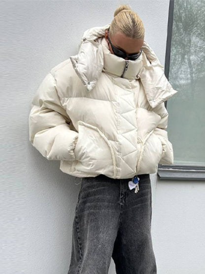 Detachable Hooded Padded Jackets Women's Loose Full Sleeves Zipper Pockets Stand Collar Coats 2025 Autumn Winter Female Outwear