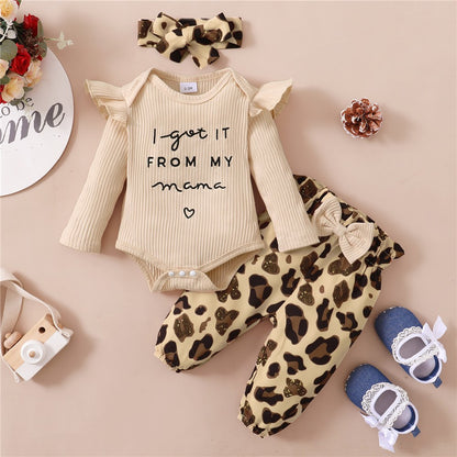 3PCS Newborn Baby Girl Clothes Set Long Sleeved Top+Leopard Pants+Headband Infant Spring Outfits for Toddler Girl 0-18 Months