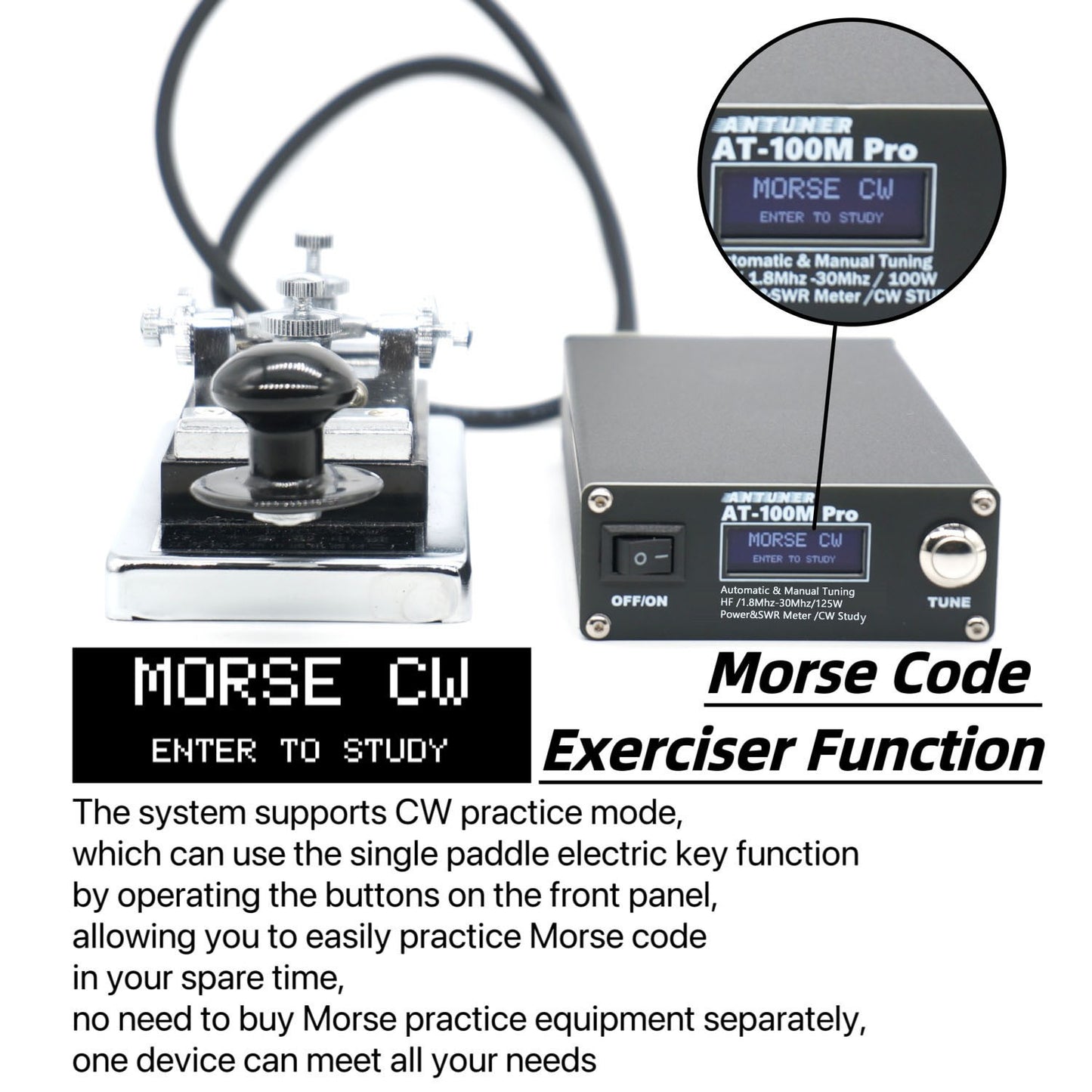 ANTUNER AT100M Pro 1.8mhz-30mhz 100W Antenna Tuner Support Morse Code Exerciser Standing Wave Meter Power Meter For HF Radio