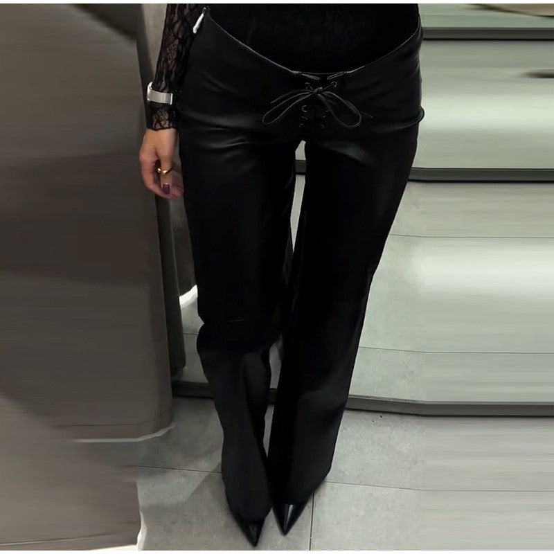 2026 New Solid Black Leather Long Pants For Women Y2K Casual Tie Up Drawstring Flared Trousers Female Chic Street Bell-bottoms