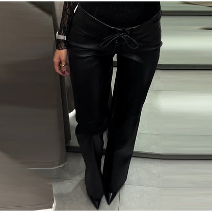 2026 New Solid Black Leather Long Pants For Women Y2K Casual Tie Up Drawstring Flared Trousers Female Chic Street Bell-bottoms