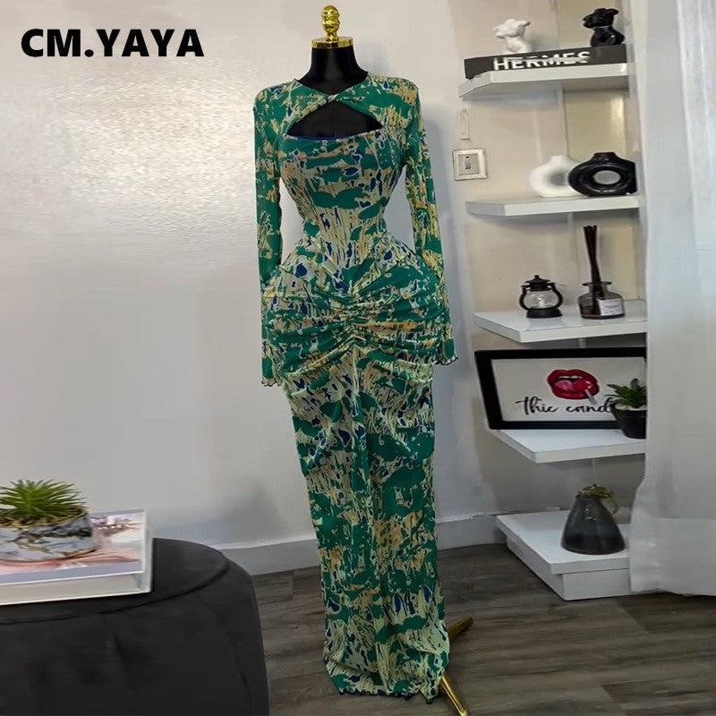 CM.YAYA Women Draped V-neck Cutout Front Ruched Stacked Bodycon Midi Long Maxi D