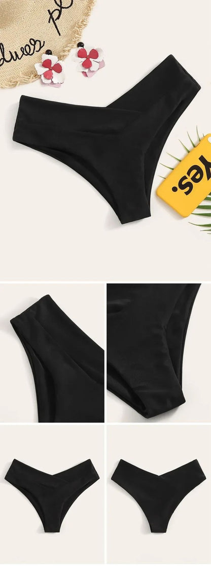 Women High Waisted Brazilian Bikini Set Sexy V Cheeky Swimwear Summer Beach Bathing Suit Black Thong Bottom Sexy Female Swimming