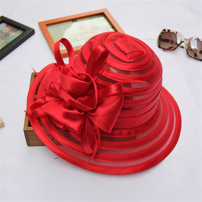 Chapéus de Sol de Organza Femininos Elegantes Chapéu Bucket para Mulheres Chapéu de Festa de Casamento na Igreja Chapéu Fedora Floral Grande de Aba Larga da Moda de Verão