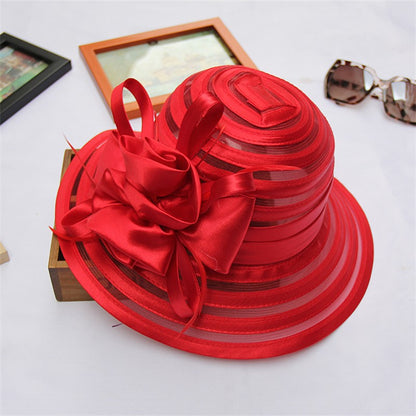 Chapéus de Sol de Organza Femininos Elegantes Chapéu Bucket para Mulheres Chapéu de Festa de Casamento na Igreja Chapéu Fedora Floral Grande de Aba Larga da Moda de Verão