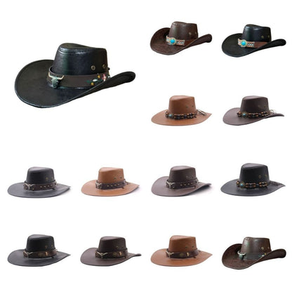 Simple PU Leather Western Cowboy Hat Big Brim Drawstring Sunscrean Bucket Cap Outdoor Travel Hat Hiking Hat Fisherman Hat Travel