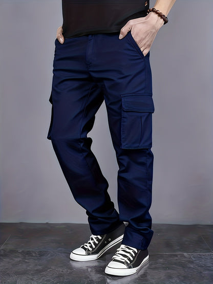 Calça masculina reta de brim com cordão na cintura e bolsos para trabalho casual