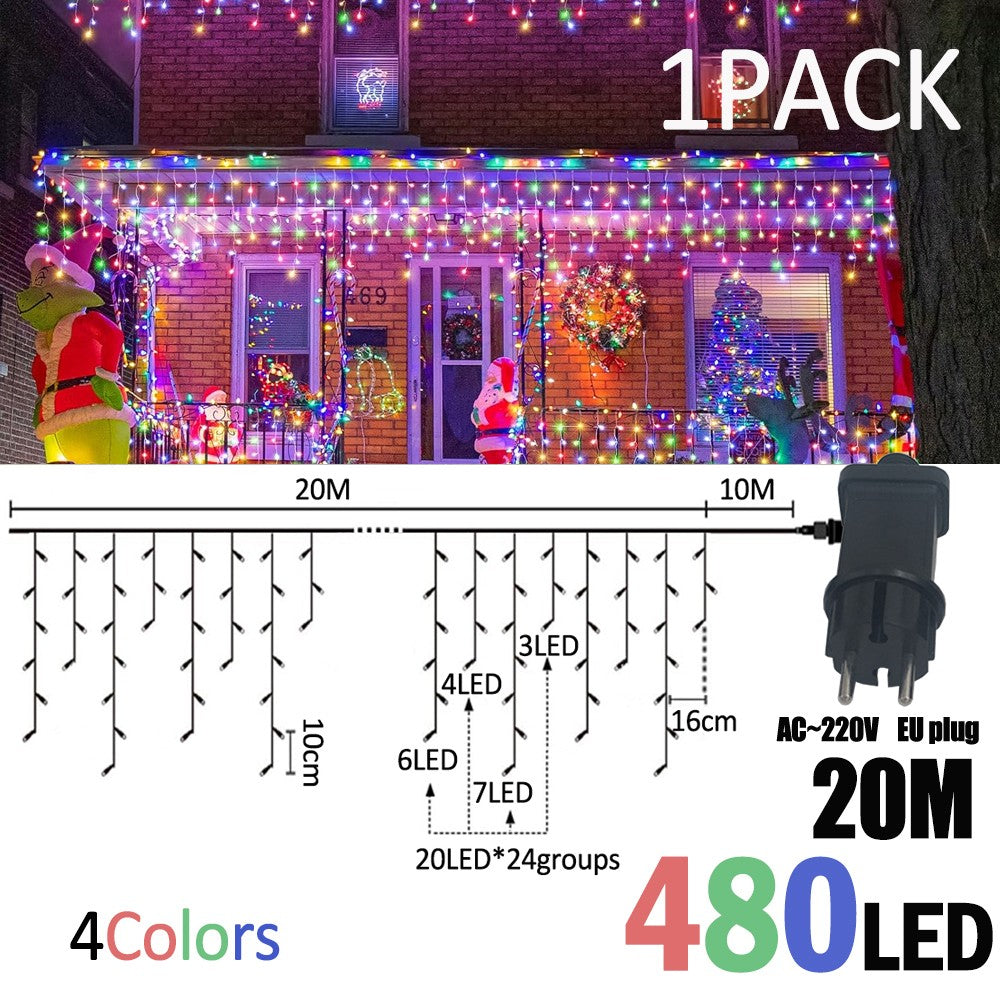 LED Christmas Icicle Curtain String Lights 20M+10M 480LED Extens 8Modes, Plug in Waterproof for Wedding Party Home Garden