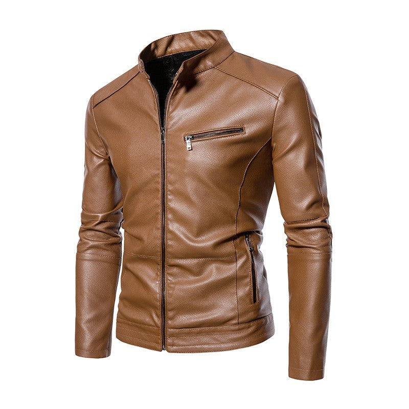 2025 PU Casual Leather Jacket Men Fleece Motorcycle Biker Slim Fit Outerwear Men Solid Stand Collar Leather Jackets