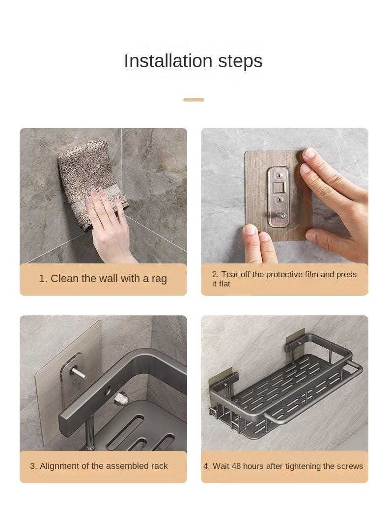 Black rectangular perforation-free bathroom storage rack Kitchen bathroom countertop wall hanging thick storage rack