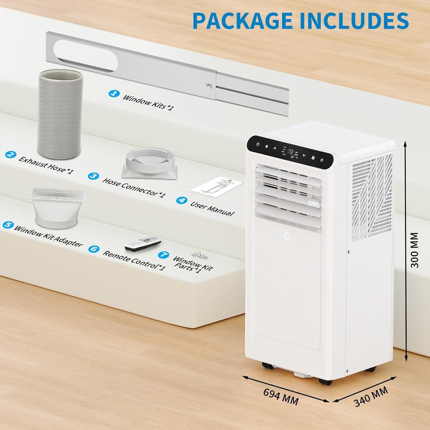 Ar-Condicionado Portátil 8000 BTU, Silencioso, Unidade AC Portátil 3 em 1 com Controle Remoto, Desumidificador e Temporizador, Eficiente em Energia