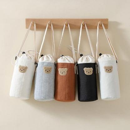 J15U Portable Baby Bottle Carrying Case Storage Bag for Easy Feeding Water Cup Organiser with Lovely Bear Embroidery