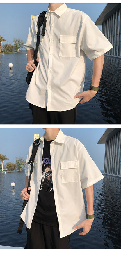 Summer Basic Shirts for Men 2025 New Half Sleeve Cargo Shirts Loose Casual Lapel Cardigan Tops Male Shirt Coats Retro Streetwear