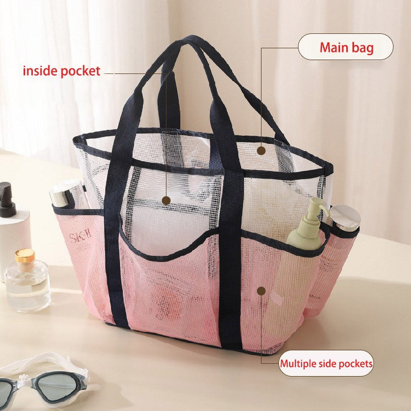 Multi Pocket Mesh Beach Bag Fitness Sports Storage Bag Seaside Swimsuit Bag Large Capacity Tote Bag Portable Toiletry Organizer