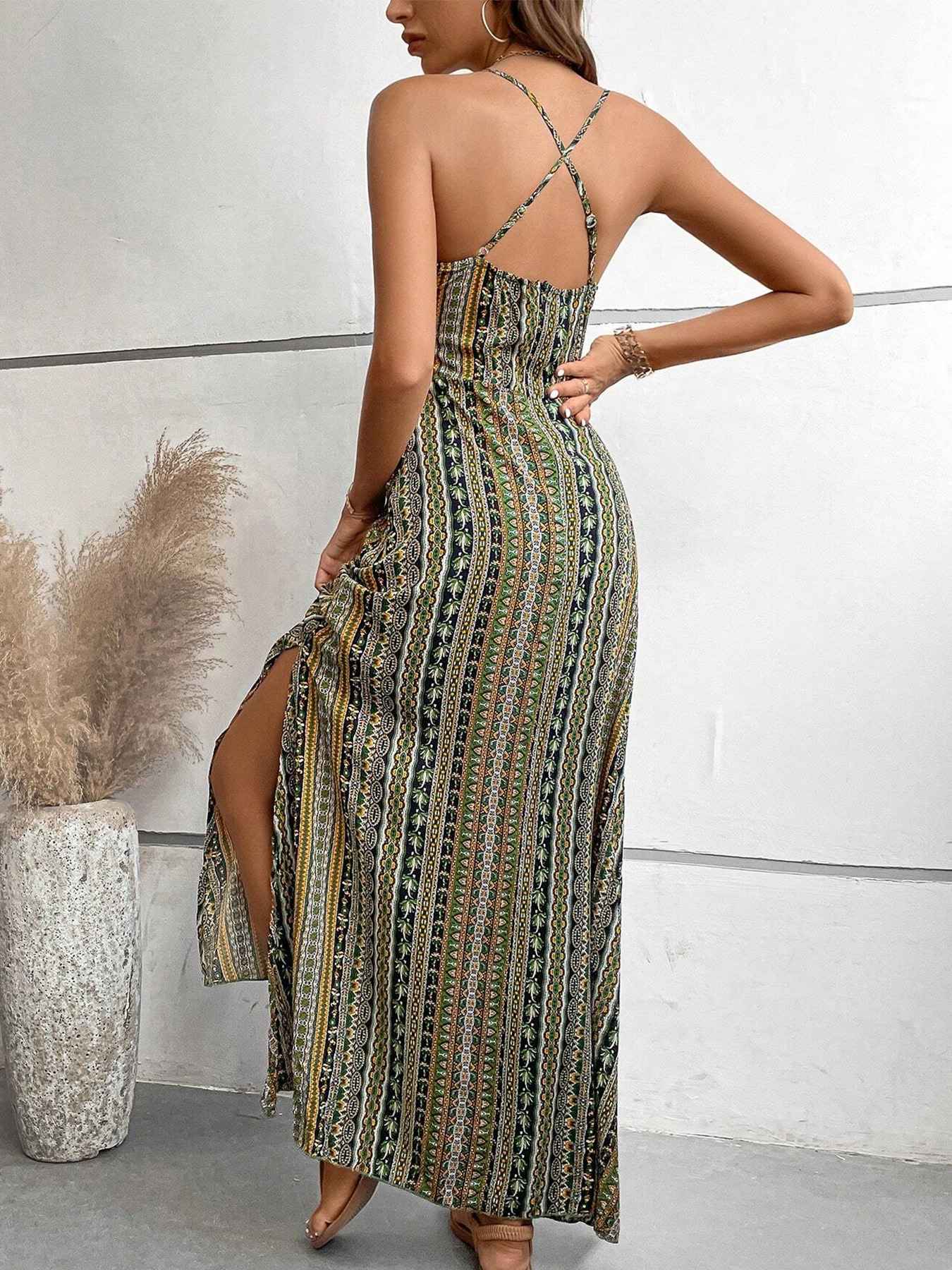 Women's Summer Ethnic Pattern Backless Split Thigh Dress Ladies Summer Clothes Boho Fashion Frill Trim Long Dress for Beach