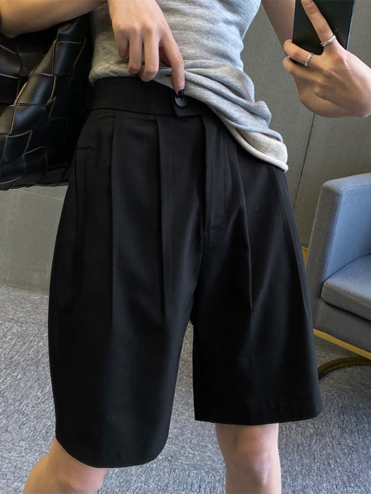 High Waist Wide Leg Suit Shorts for Women Spring Summer Button Straight Short Pants Office Lady Fashion Casual Womens Shorts