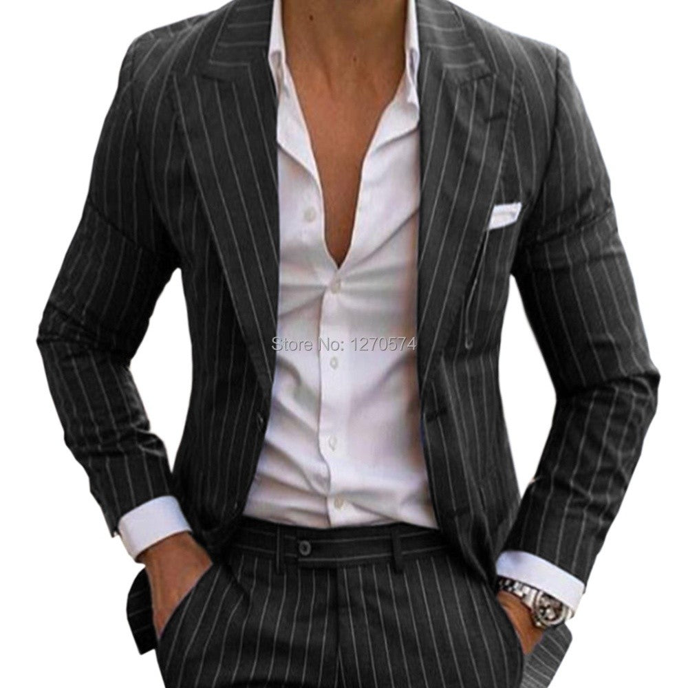 Slim Fit Pinstripe Smoking Suit for Men Peaked Lapel Tuxedo 2-Piece Blazer And Pants Wedding Groomsmen Formal Wear