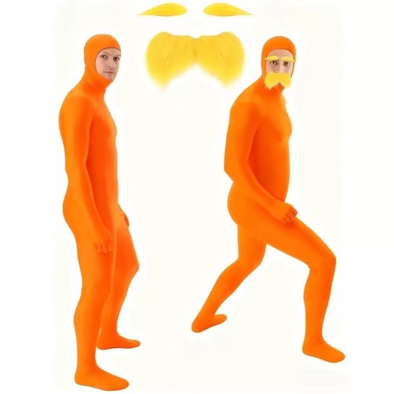Halloween Orange Zentai Suit Open Face Full Body Bodysuit with Yellow Mustache Eyebrow for Adult Kid Cosplay Party Costume