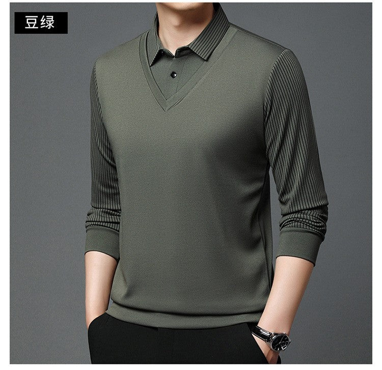 Fashion Fake Two-piece Men Long Sleeve Shirt Stripe Splice Lapel Loose Casual Pullover Tops 2025 Male Formal Business Polo Shirt