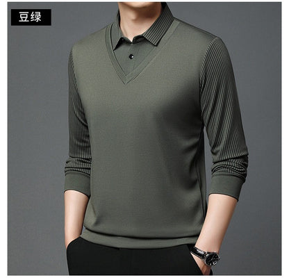 Fashion Fake Two-piece Men Long Sleeve Shirt Stripe Splice Lapel Loose Casual Pullover Tops 2025 Male Formal Business Polo Shirt