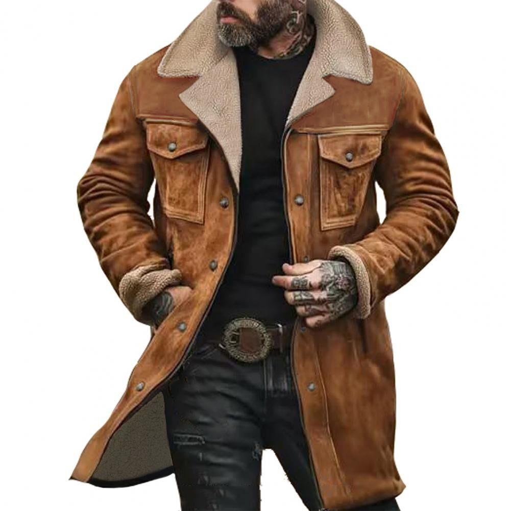 Autumn Winter Men Jacket Lapel Single-Breasted Mid-Length Coat Windproof Jacket Suede Multi Pockets Outerwear Men Clothing