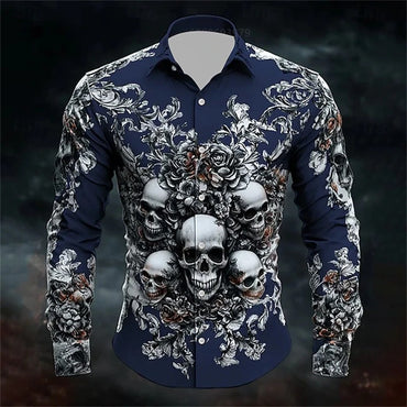 Men's Skull Day of the Dead Rose Shirt Casual Formal Button Shirt Long Sleeve Dark Punk Gothic Style Holiday Lapel Shirt White