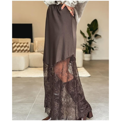 Women Elegant Patchwork Lace Skirts Fashion High Waist Slim Hollow Out Maxi Skirts 2025 Autumn Lady Brown Party Club Skirt