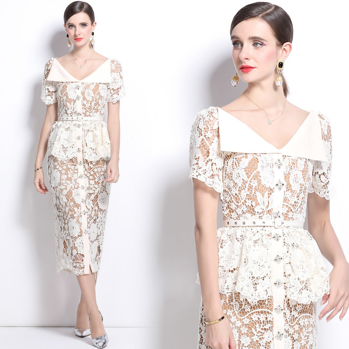 Quality Summer Beaded Diamonds Embroidery Beige White Lace Evening Dress Women S