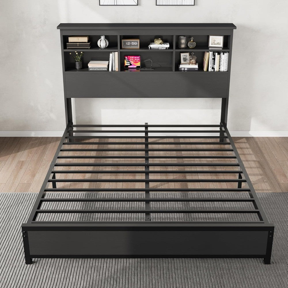 Queen Size Bed Frame with Bookcase Headboard, 2-Tier Storage Queen Platform Bed with Charging Station, No Box Spring