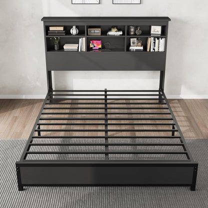 Queen Size Bed Frame with Bookcase Headboard, 2-Tier Storage Queen Platform Bed with Charging Station, No Box Spring