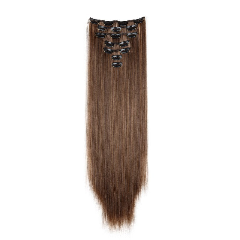 Aplique de Cabelo Sintético Liso Longo 24 Polegadas 7 Peças/Conjunto 16 Clipes Penteado Preto Loiro Extensões de Cabelo