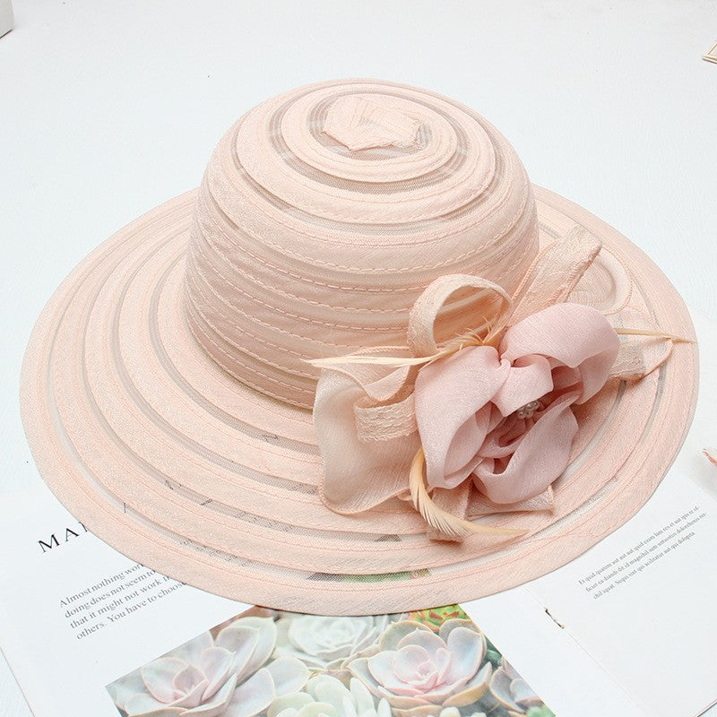 Novo Chapéu Feminino De Verão Em Organza Com Aba Larga E Flor Grande Fedora Elegante Para Casamento Igreja Festa