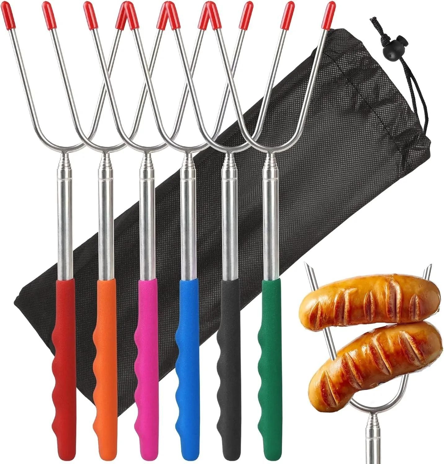 5/6/10pcs Telescopic BBQ Forks Marshmallows Roasting Sticks Stainless Steel Extendable Hot Dog Sausages Skewers Barbecue Tools