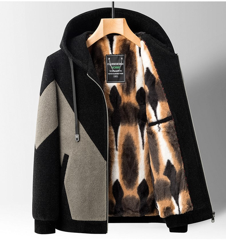 Winter Patchwork Woolen Jacket Men Hooded Short Trench Coat Thickened Warm Casual Business Social Overcoat