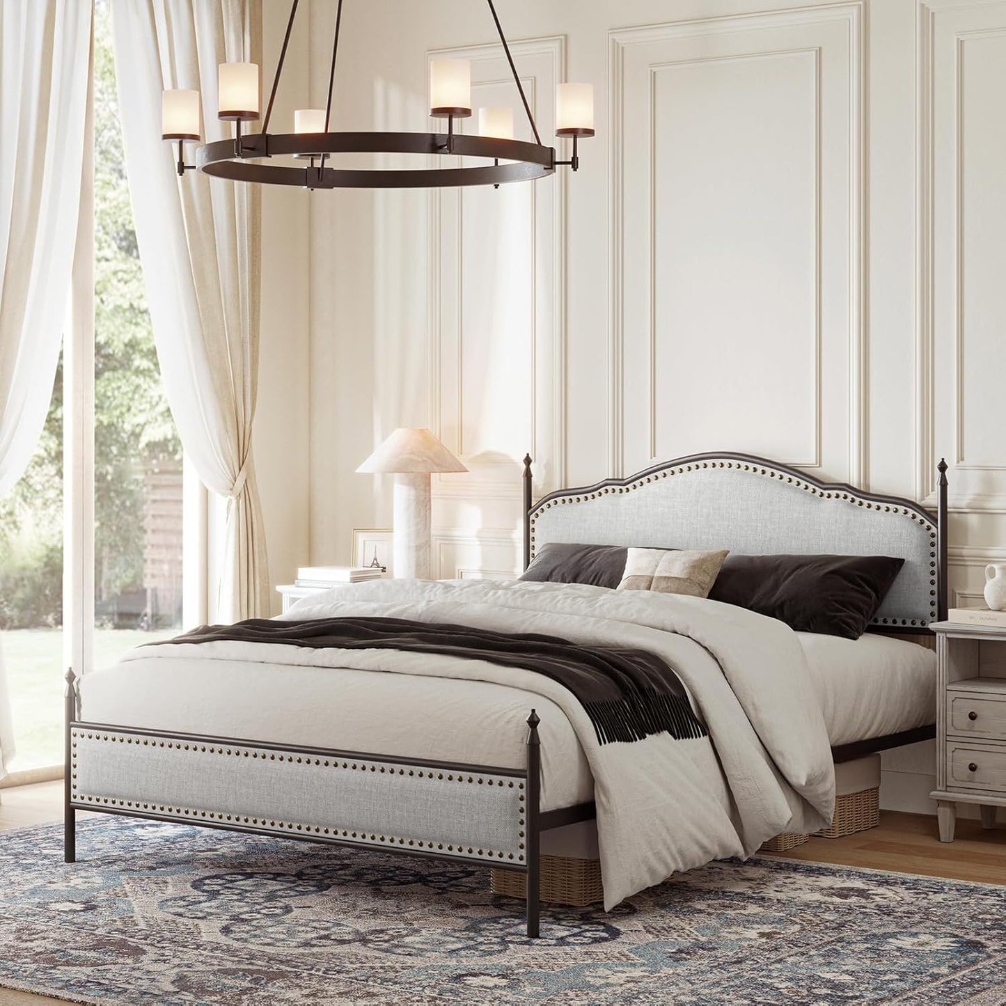 Estrutura de Cama Queen EcoHarbor com Cabeceira, Plataforma de Cama de Metal Estilo Fazenda Estofada em Linho com Estrado de Madeira Reforçado