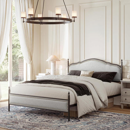 Estrutura de Cama Queen EcoHarbor com Cabeceira, Plataforma de Cama de Metal Estilo Fazenda Estofada em Linho com Estrado de Madeira Reforçado