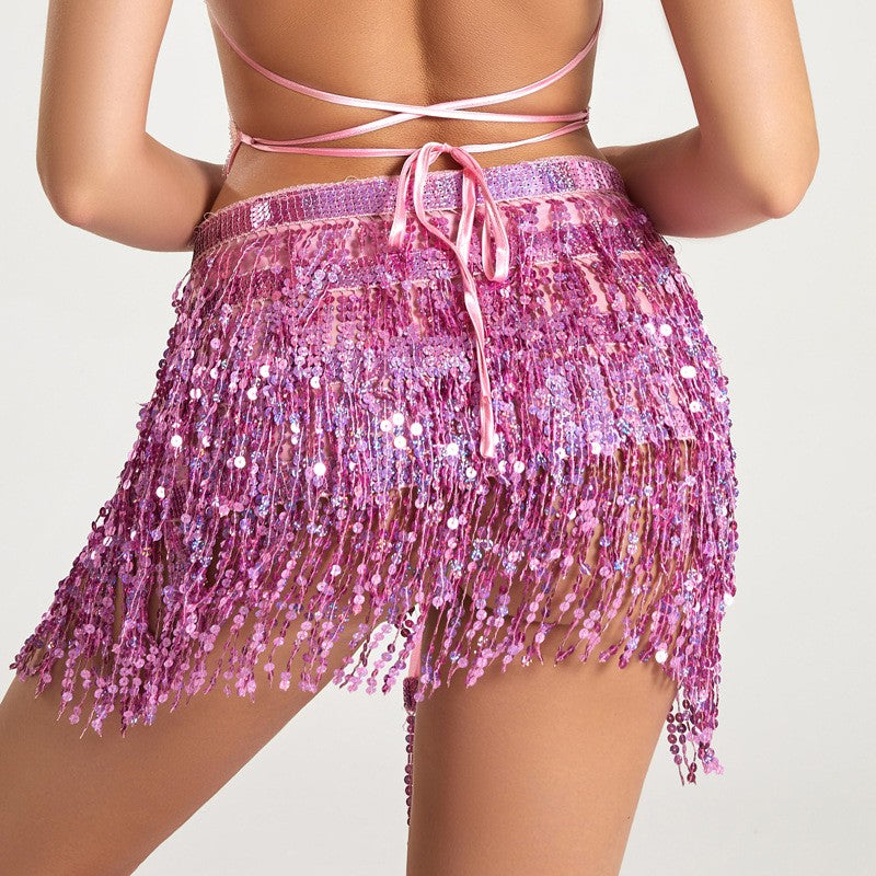 Sexy Sequins Tassel Dancewear Mini Skirt Women Clothes Jupe Femme Belly Dance Skirts Ladies Faldas Performance Stage Bottom Saia