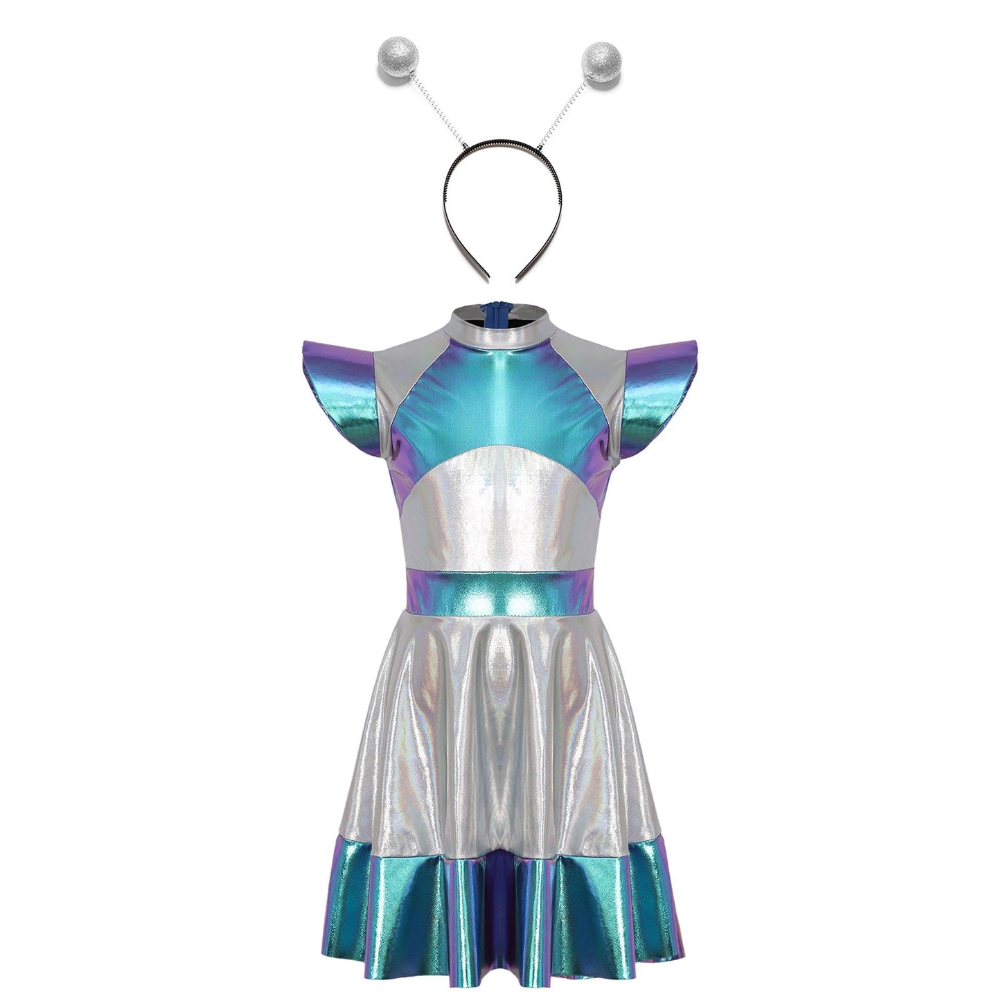 Kids Alien Cosplay Costume Outfits Boys Girls Metallic Shiny Alien Jumpsuit Halloween Full Length Bodysuit with Hair Hoop Suit