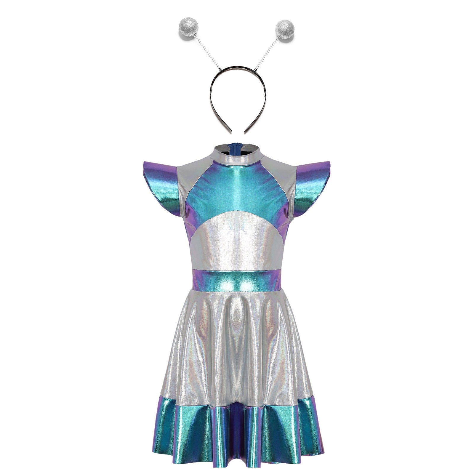 Kids Alien Cosplay Costume Outfits Boys Girls Metallic Shiny Alien Jumpsuit Halloween Full Length Bodysuit with Hair Hoop Suit