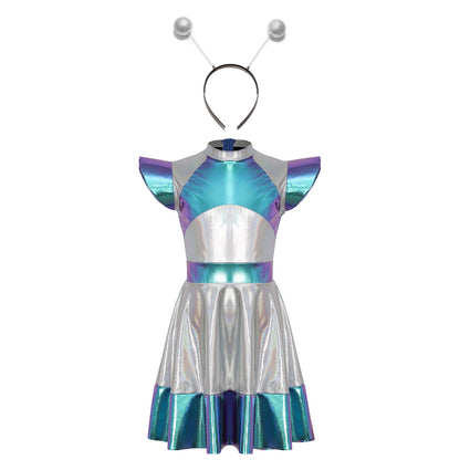 Kids Alien Cosplay Costume Outfits Boys Girls Metallic Shiny Alien Jumpsuit Halloween Full Length Bodysuit with Hair Hoop Suit