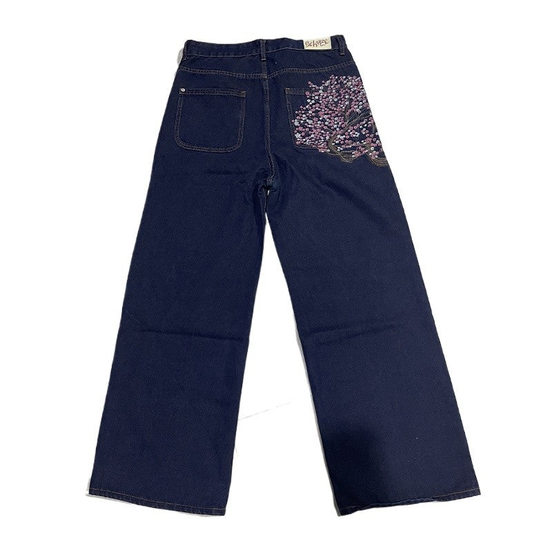 Y2K Baggy jeans Cherry Blossom Selvedge Embroidery Denim Pants men women denim fabric American Hiphop Streetwear Wide Leg Jeans