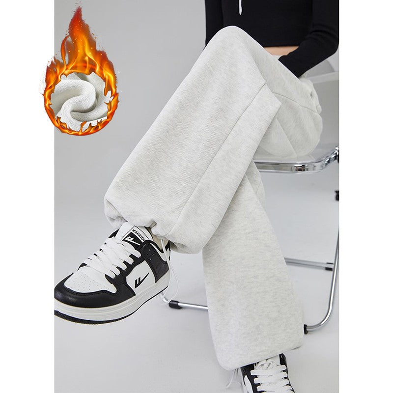 Winter Lady Snow Warm Thin Straight Leg Pants Girls Classic Daily Plush Trousers Women High Waist Thermal Fleece Pants