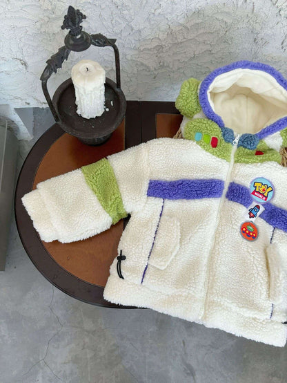 Casaco Infantil de Inverno Disney Buzz Lightyear 90-130cm Novo Bebê Menino Menina Desenho Animado Forro Polar Textura Engrossada Bloco de Cores Casaco com Capuz