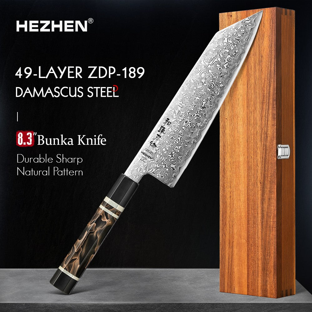 HEZHEN 8.3 Inch Bunka Knife 49 Layers ZDP-189 Damascus steel Powder Core Steel Kitchen Cook Wooden Gift Box kiritsuke Knife