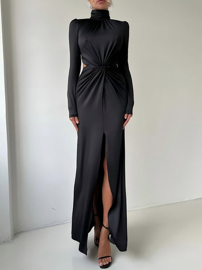 Mozision Turtleneck Backless Sexy Maxi Dress Women Gown Autumn Winter Elegant Long Sleeve Thigh High Split Club Party Long Dress