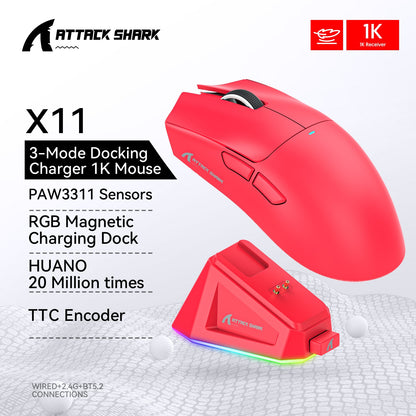 Mouse Gamer Sem Fio Attack Shark R1/X11, 18K DPI PAW3311, Ergonômico, Leve, Tri-Modo Bluetooth 2.4GHz USB, para PC/Notebook